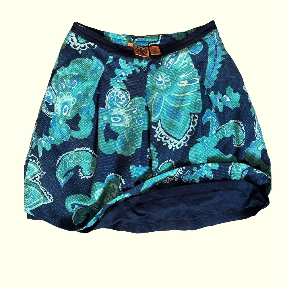 Tory Burch Blue Paisley Floral Silk Cotton Jacquard Pleated Mini Skirt Size 10